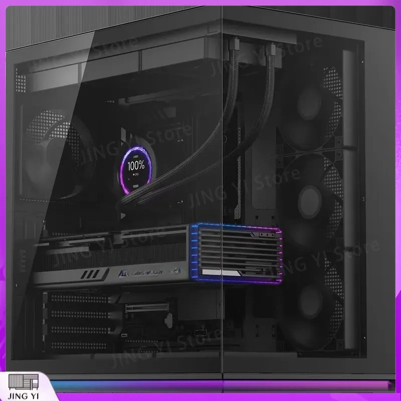 Pc Gaming Aquarium - ATXミッドタワーゲーミングPCケース デュアルチャンバー水槽デザイン 強化ガラスサイドパネル RGBライトバー 水冷対応 ブラック